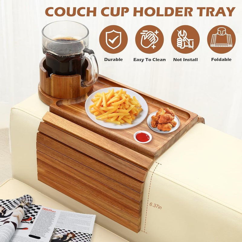 GHKINMAL Couch Cup Holder Tray, Acacia Wood Couch Armrest Table with 360° Ratated Phone Holder, 18.99" Flodable Anti-Slip Sofa Armrest Tray Tables for Snacks Remote Storage - Image 2